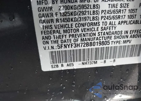 2011 Honda Pilot Ex-L из США, поврежденный, VIN 5FNYF3H72BB019805